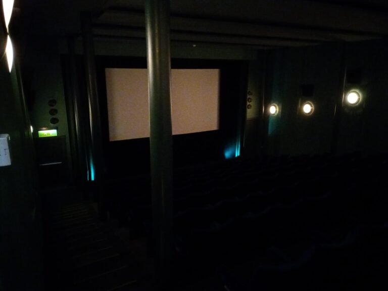 Interior of a movie theater with rows of seats facing the screen