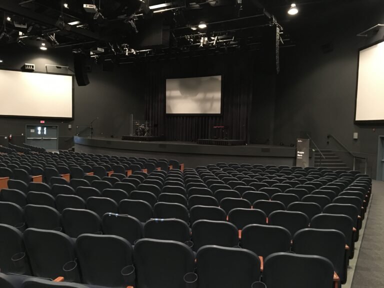 Empty cinema theater hall with rows of chairs