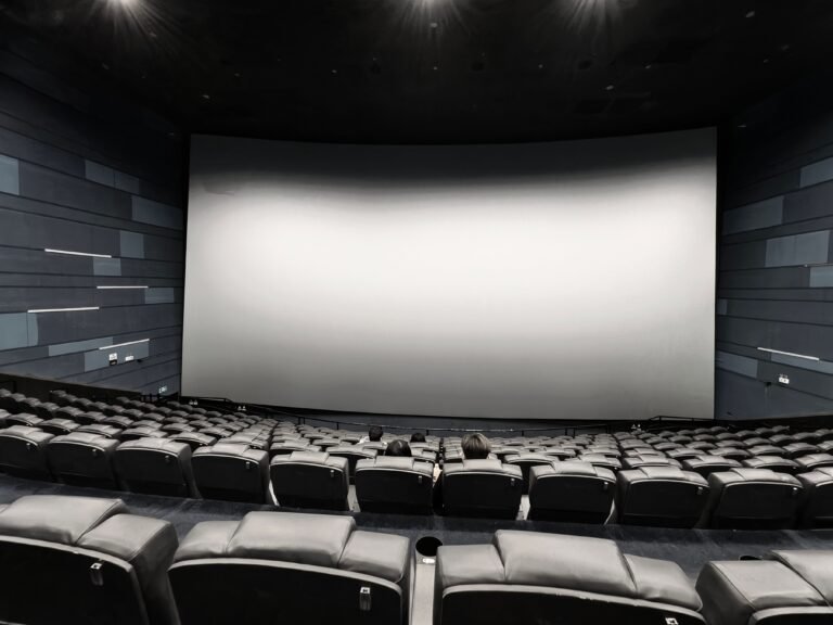 Movie theater interior with large screen and empty seats