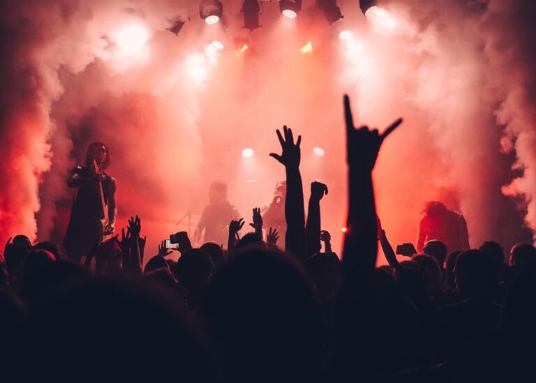 A performer on stage during a live concert with colorful lighting